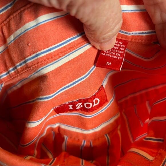 IZOD Men's Button Down Shirt Orange Stripe Blue White Size Medium - Picture 6 of 8